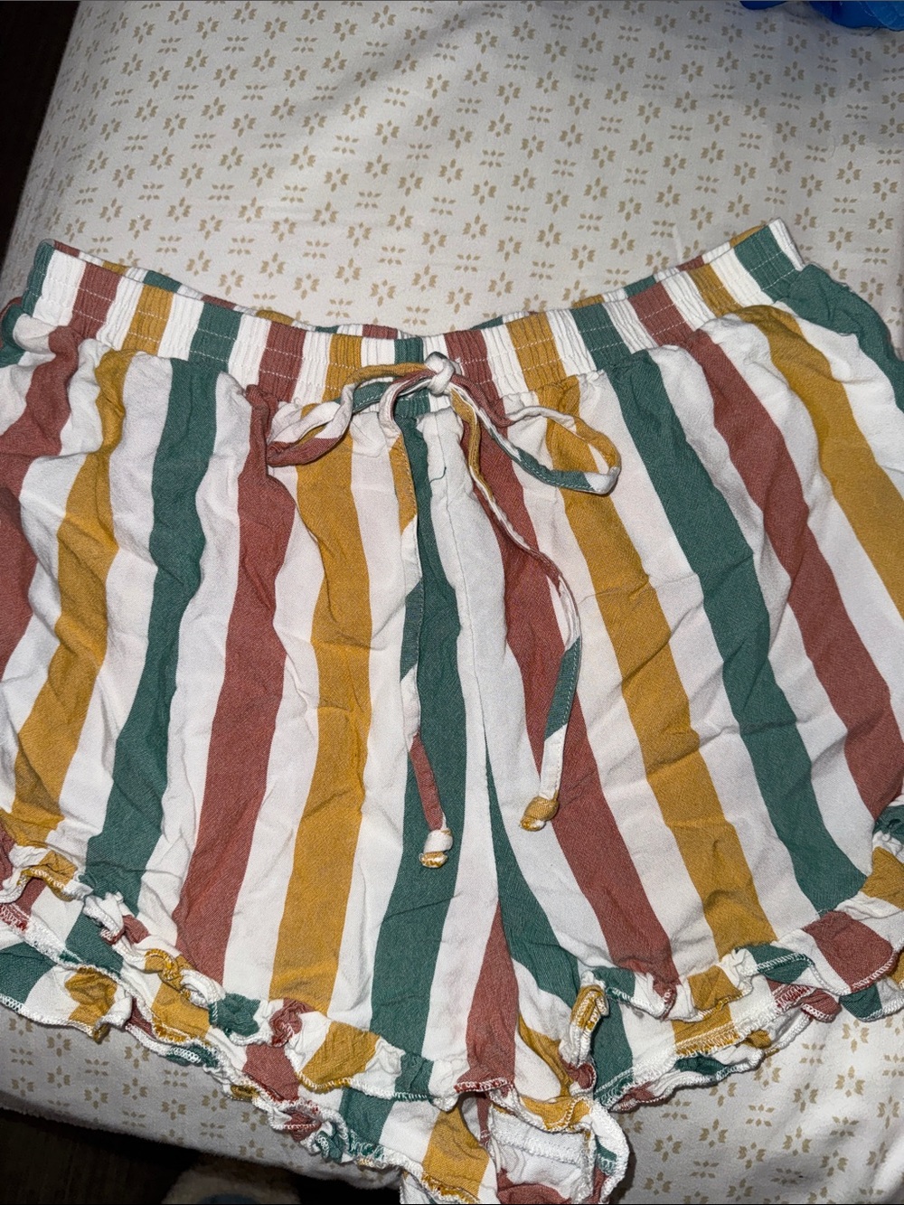 American Eagle Outfitters White, Green, Mustard & Rust Striped Ruffle Shorts